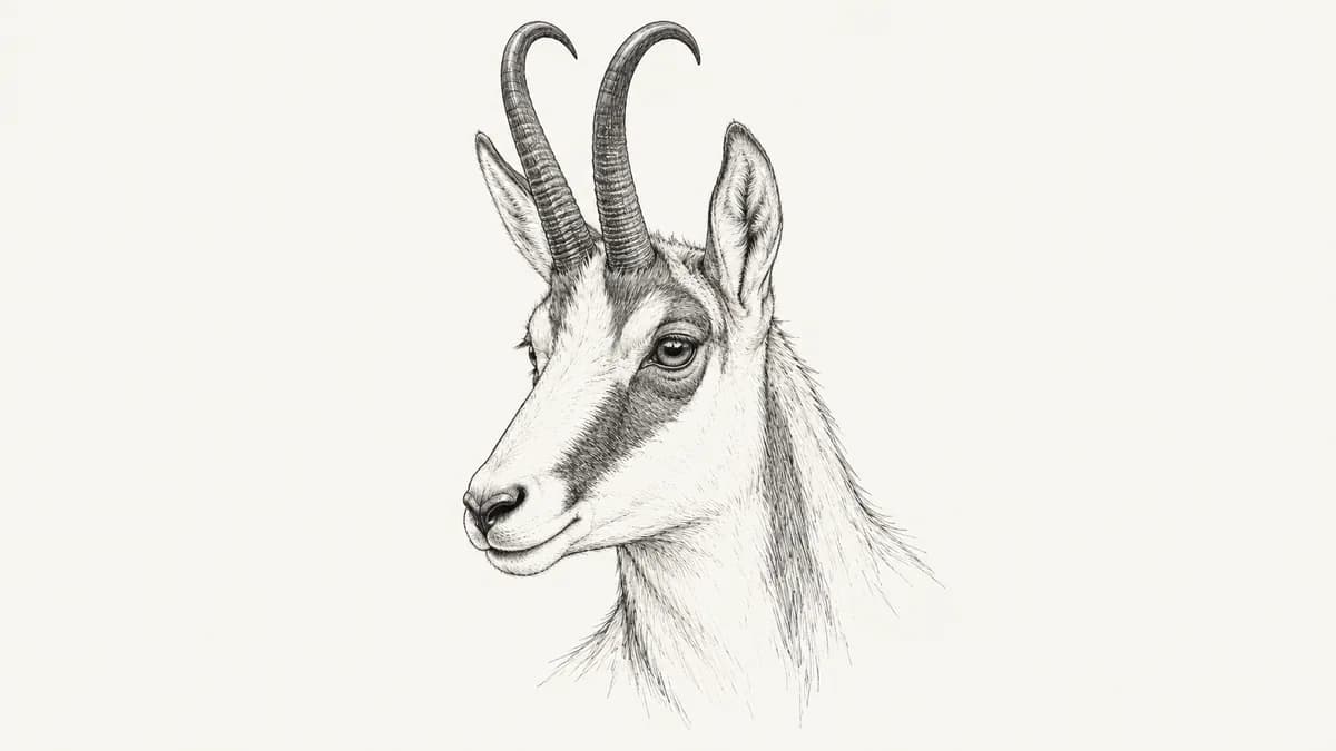 Pen sketch of a chamois head with slender hooked horns and dark facial stripes.
