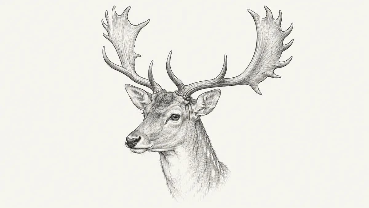 Pen sketch of a fallow buck's head with wide, flattened palmate antlers.