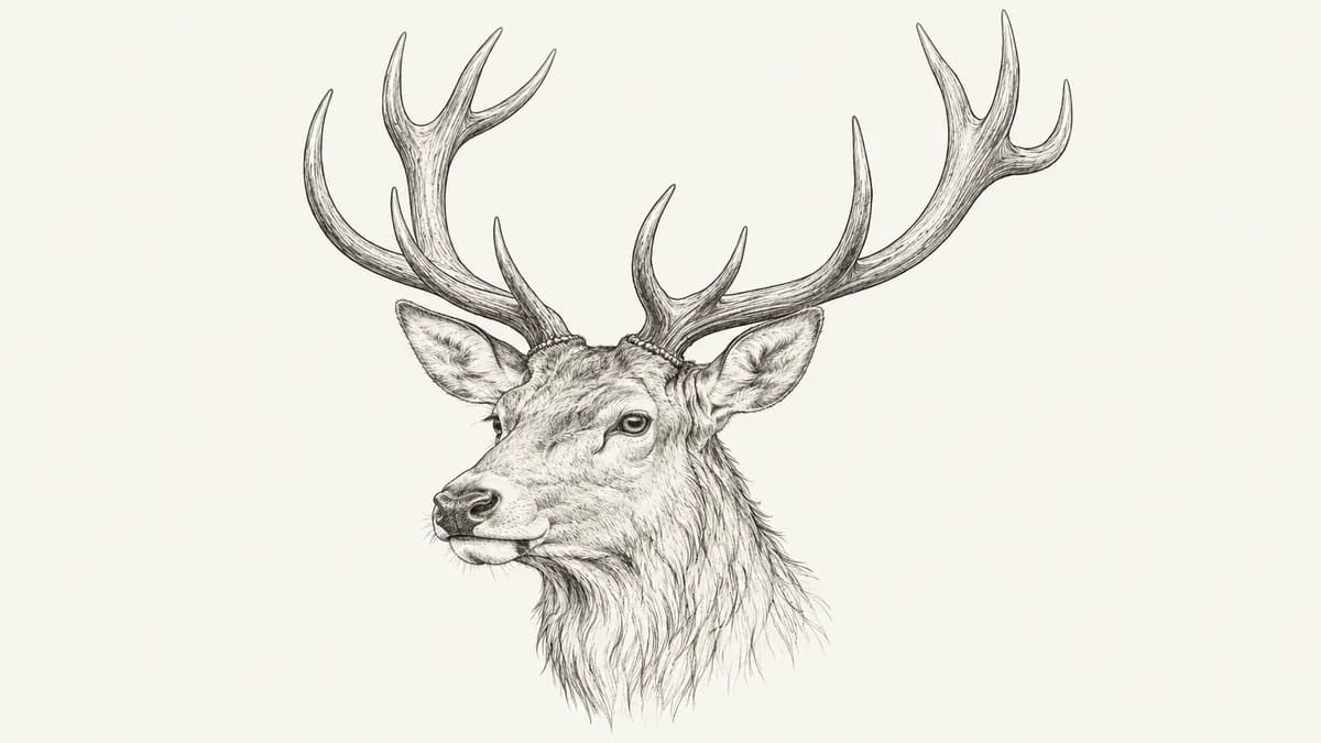 Pen sketch of a red deer stag's head with long branching antlers.