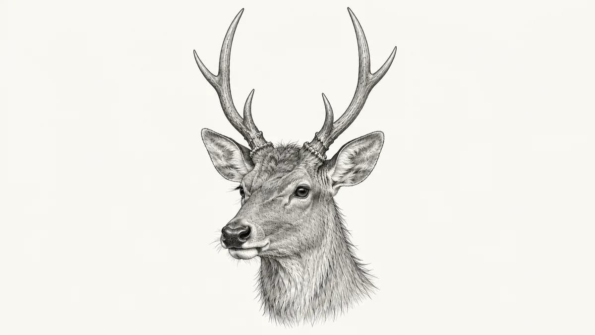 Pen sketch of a rusa stag with three points per antler and long, nearly parallel inner upper tines.