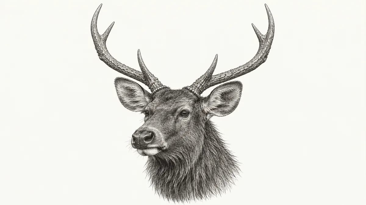 Pen sketch of a sambar stag with heavy, pearled three-point antlers, longer outer tips and large rounded ears.