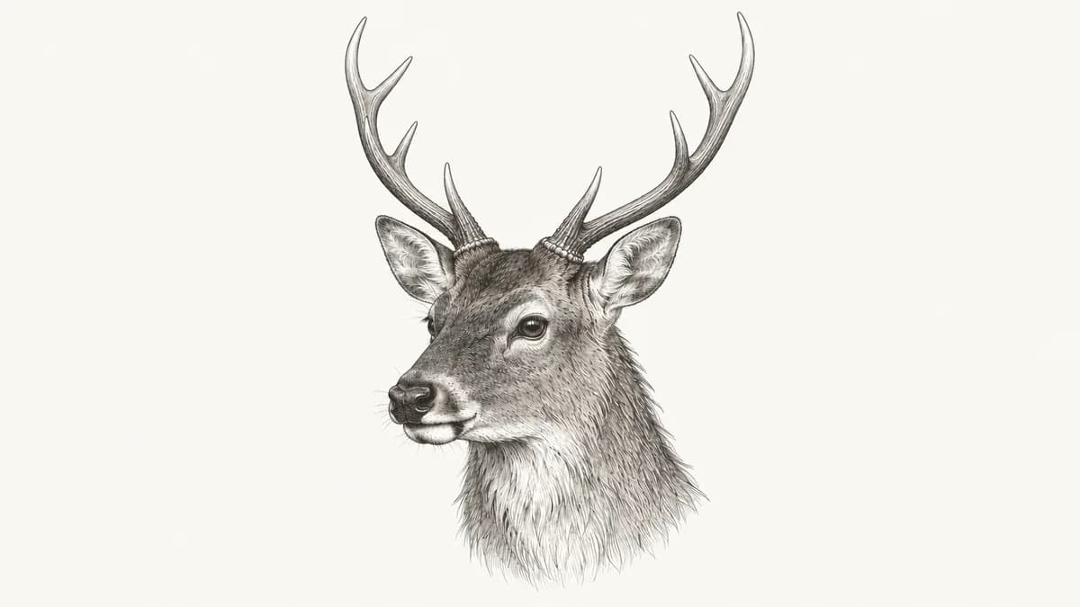 Pen sketch of a sika stag with slender eight-point antlers, low brow tines, small high trez tines and forked tops.