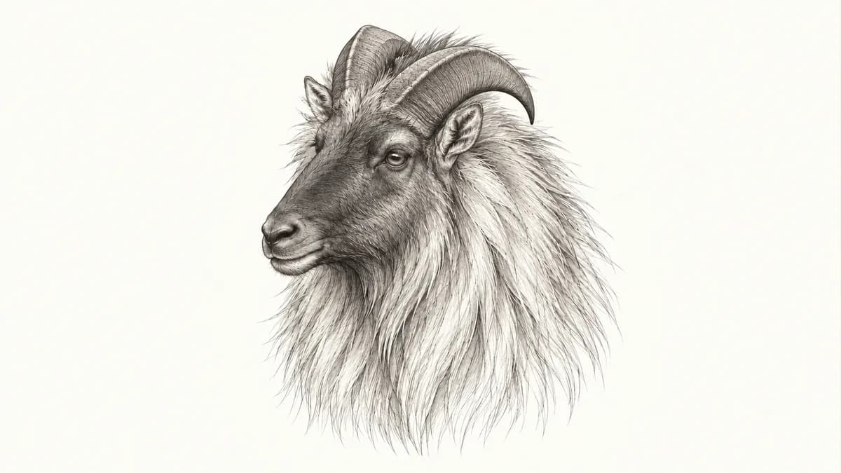 Pen sketch of a mature bull Himalayan tahr with broad-based, backward-sweeping horns and a full shaggy mane.