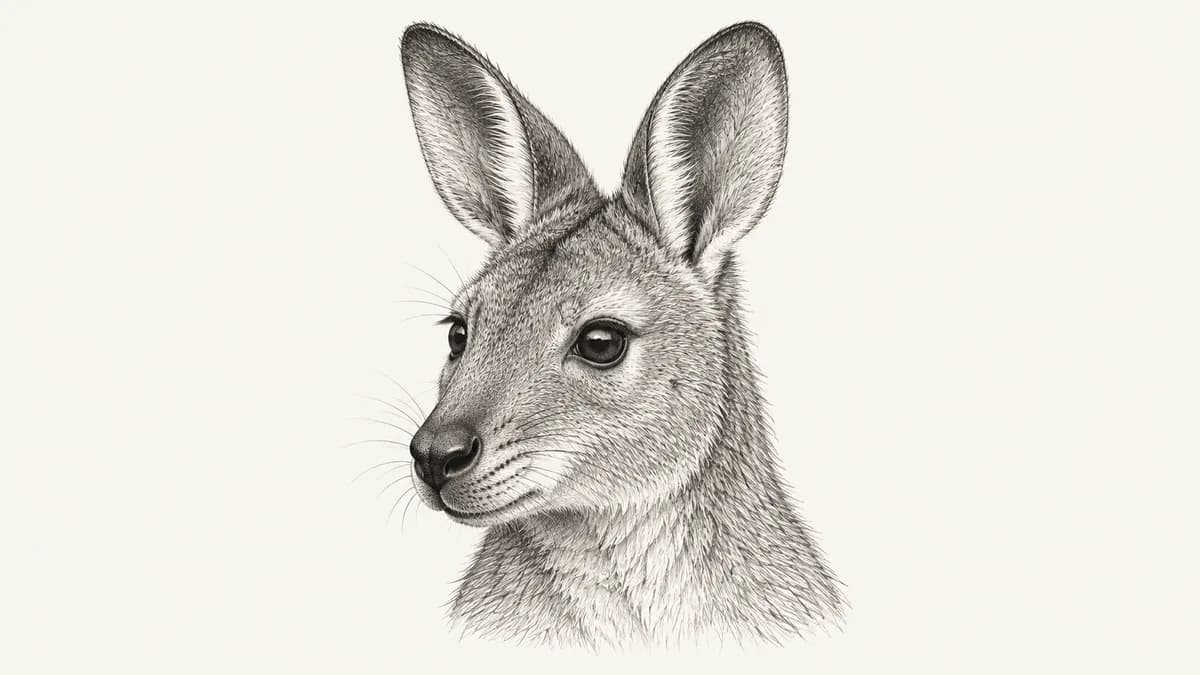 Pen sketch of a Bennett's wallaby head with long upright ears and a dark nose.