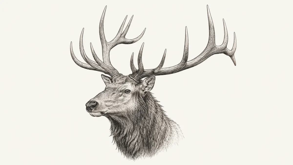 Pen sketch of a wapiti bull's head with sweeping antlers and a dark shaggy neck.