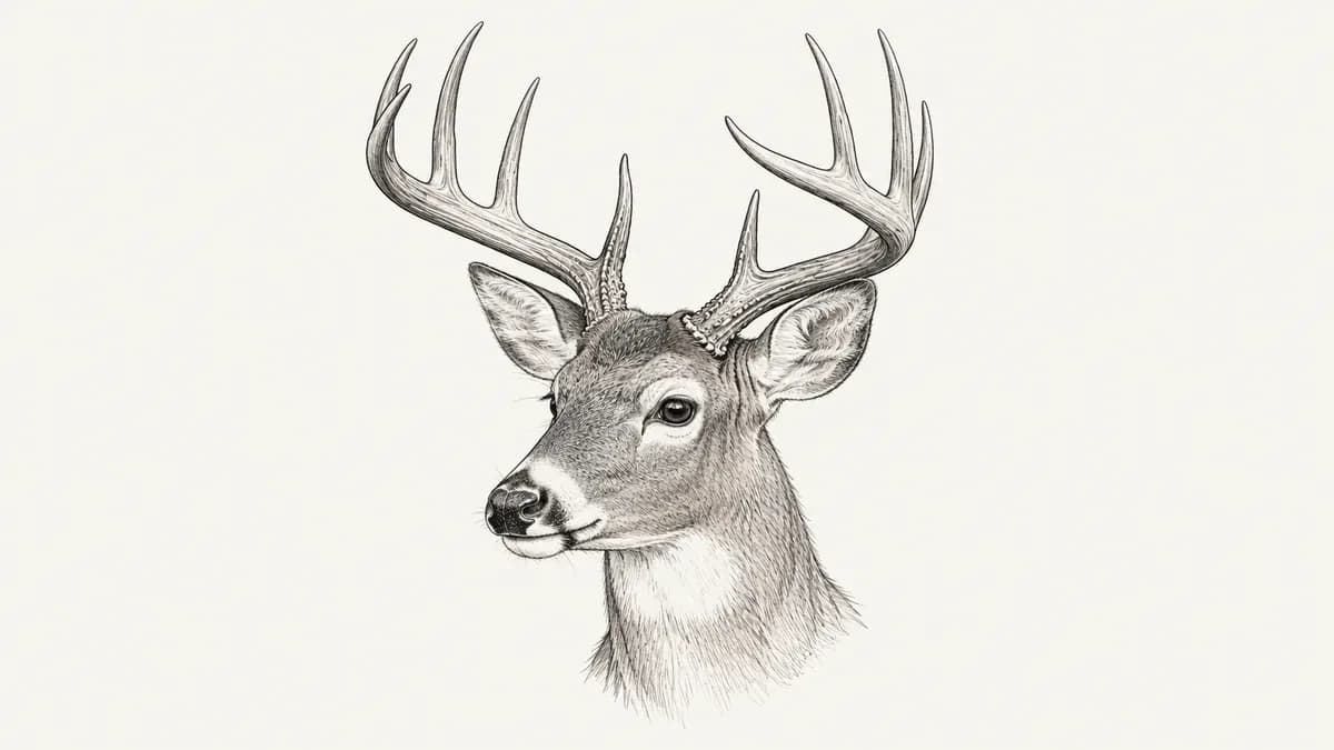 Pen sketch of a white-tailed buck's head with forward-curving antlers and pale eye and muzzle markings.
