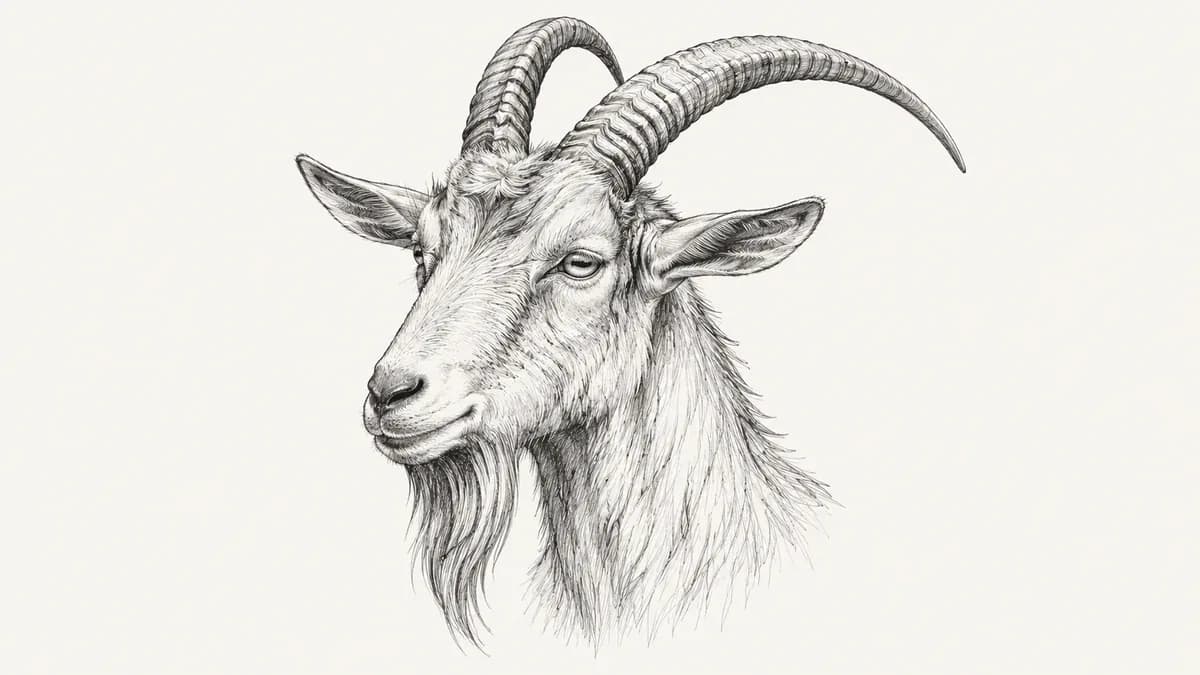 Pen sketch of a wild goat's head with long swept-back horns and a hanging beard.