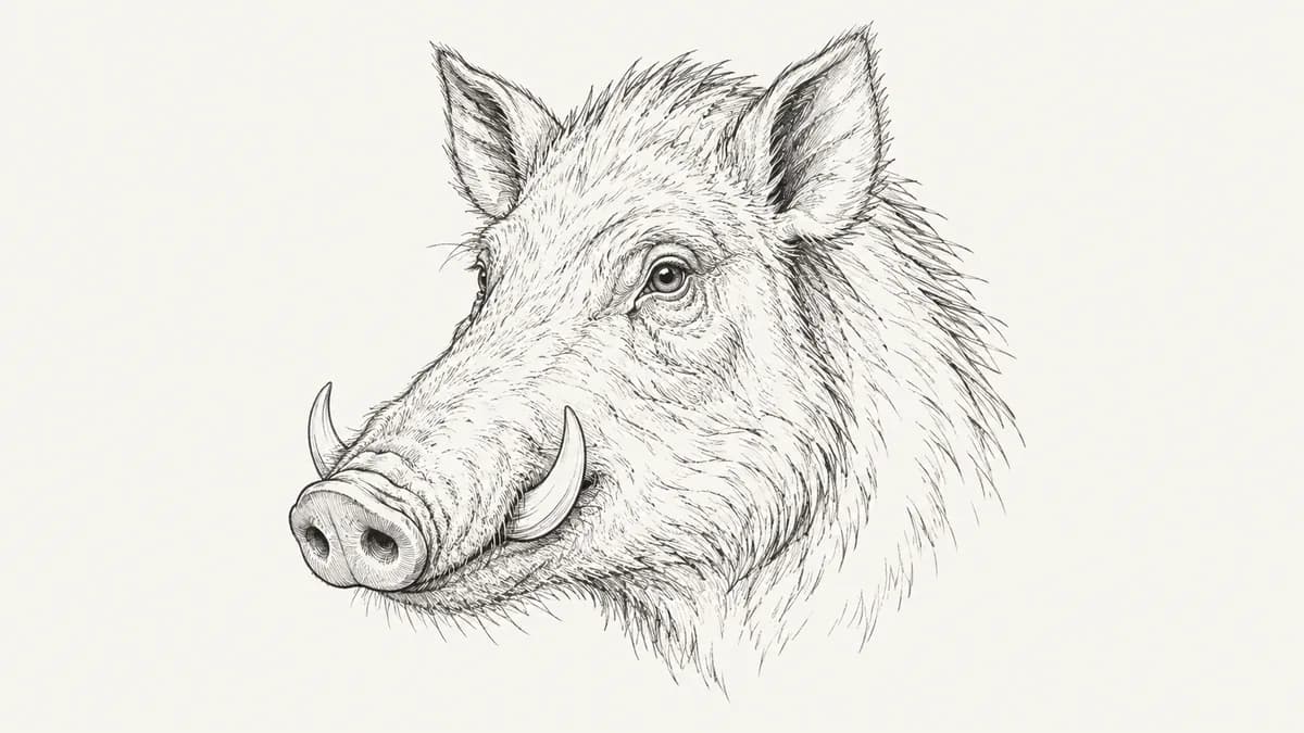 Pen sketch of a wild boar's head with a broad snout, curved tusks and bristly neck.