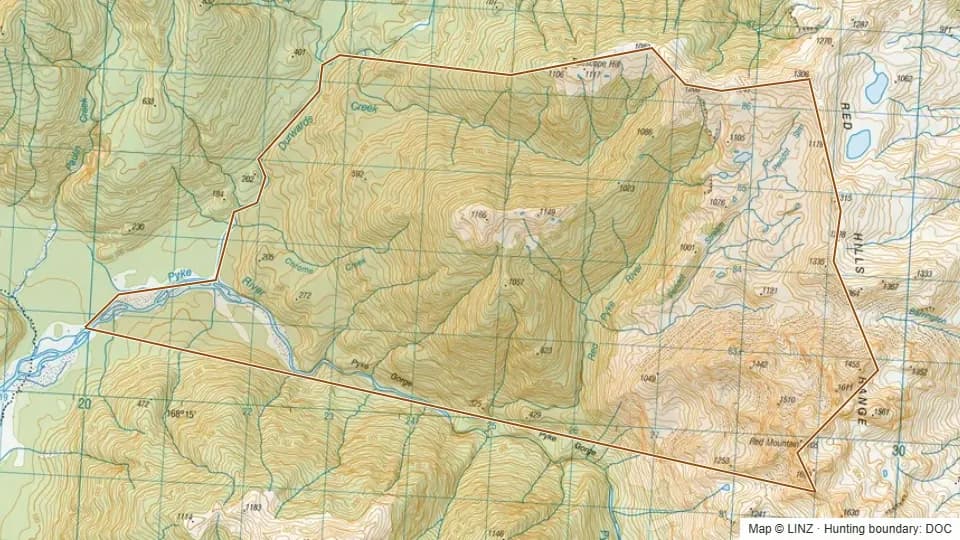 Topographic map of 01 - Durwards Creek in Southland, New Zealand, with the DOC hunting boundary outlined.