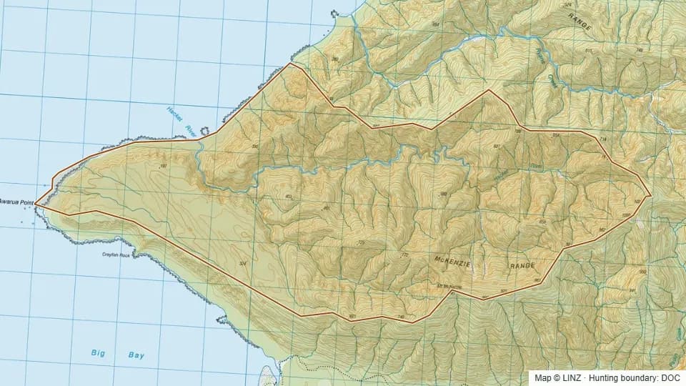 Topographic map of 02 - Hackett River in West Coast, New Zealand, with the DOC hunting boundary outlined.