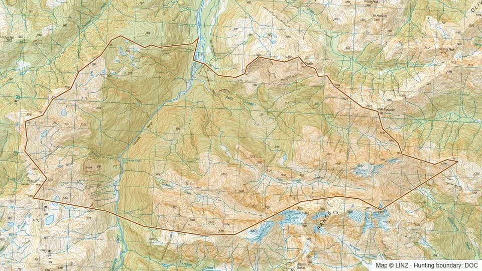 Topographic map of 06 - Falls Creek in West Coast, New Zealand, with the DOC hunting boundary outlined.