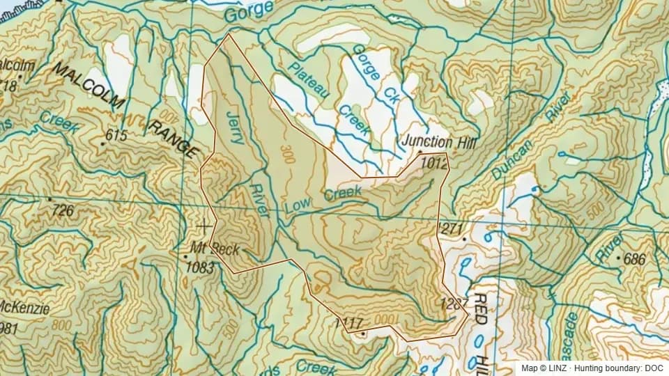 Topographic map of 07 - Jerry River in Southland, New Zealand, with the DOC hunting boundary outlined.