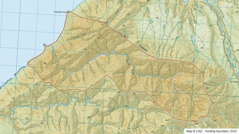 Topographic map of 08 - Ryans Creek in West Coast, New Zealand, with the DOC hunting boundary outlined.