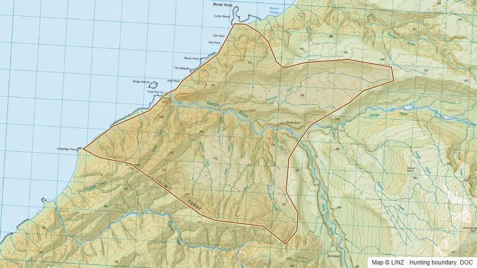 Topographic map of 09 - Gorge River in West Coast, New Zealand, with the DOC hunting boundary outlined.