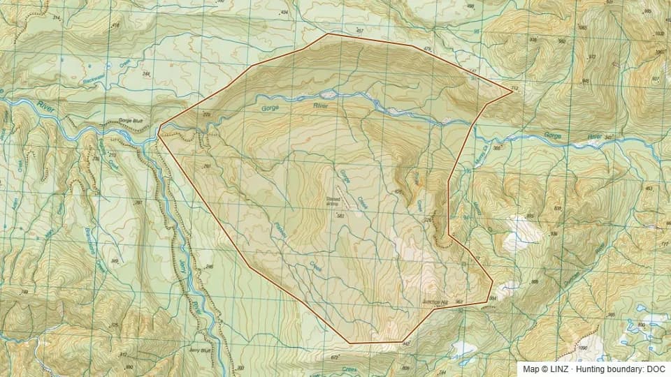 Topographic map of 10 - Plateau Creek in West Coast, New Zealand, with the DOC hunting boundary outlined.