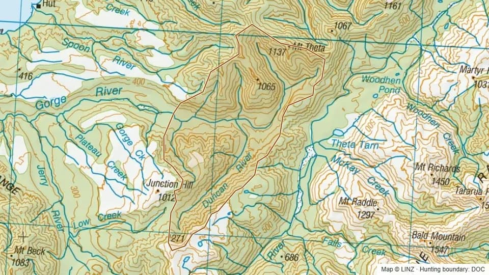 Topographic map of 11 - Duncan River in West Coast, New Zealand, with the DOC hunting boundary outlined.