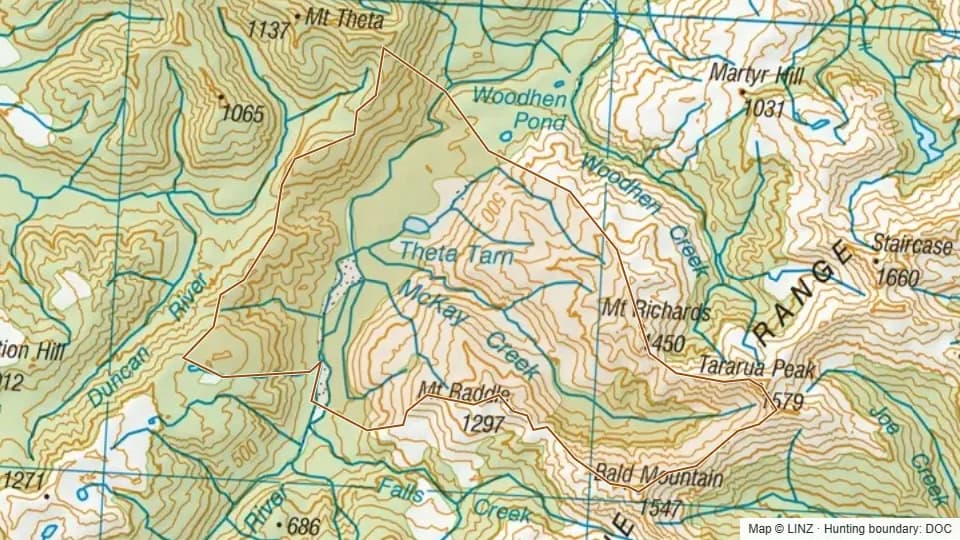 Topographic map of 12 - McKay Creek in West Coast, New Zealand, with the DOC hunting boundary outlined.