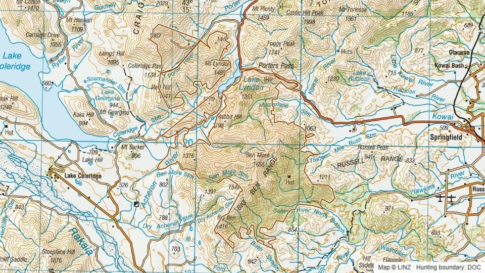 Topographic map of 13 Mile Bush in Canterbury, New Zealand, with the DOC hunting boundary outlined.