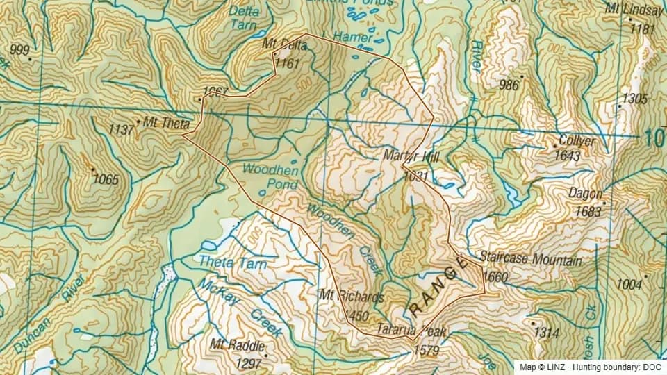 Topographic map of 13 - Woodhen Creek in West Coast, New Zealand, with the DOC hunting boundary outlined.