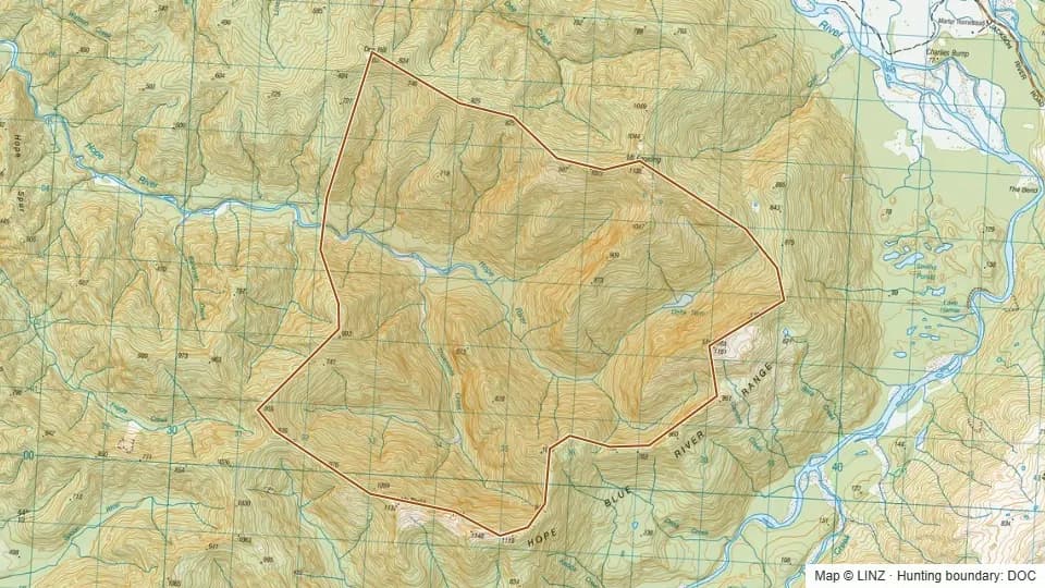 Topographic map of 14 - Delta Tarn in West Coast, New Zealand, with the DOC hunting boundary outlined.