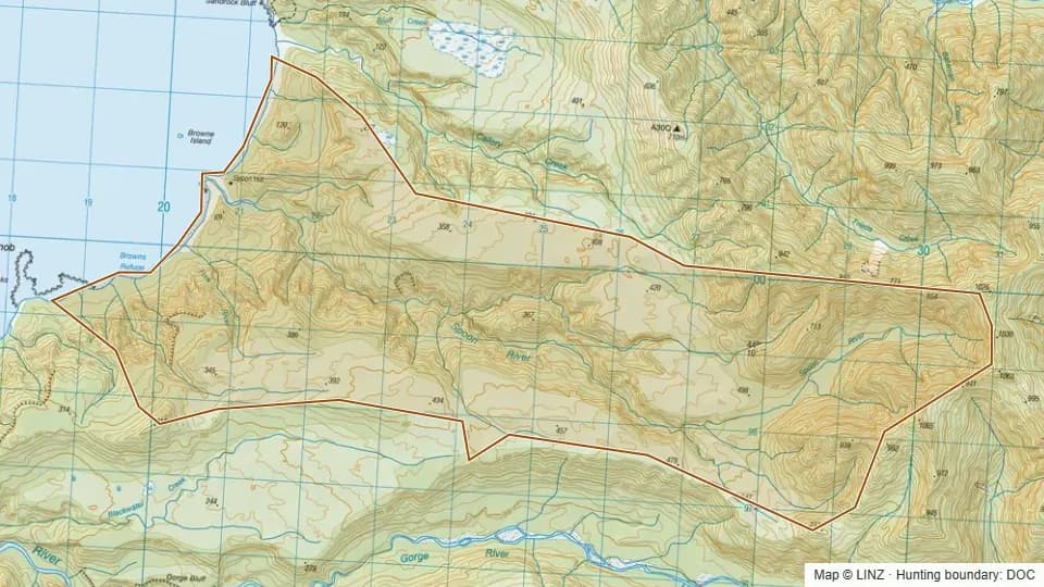 Topographic map of 15 - Spoon River in West Coast, New Zealand, with the DOC hunting boundary outlined.