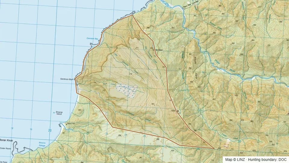 Topographic map of 16 - Callery River in West Coast, New Zealand, with the DOC hunting boundary outlined.