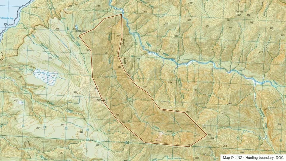 Topographic map of 17 - Frieda Creek in West Coast, New Zealand, with the DOC hunting boundary outlined.