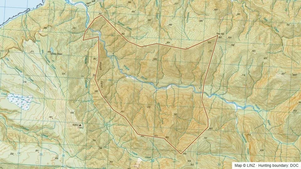 Topographic map of 18 - Hope River in West Coast, New Zealand, with the DOC hunting boundary outlined.