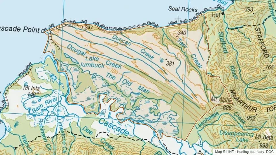 Topographic map of 19 - Teer Creek in West Coast, New Zealand, with the DOC hunting boundary outlined.