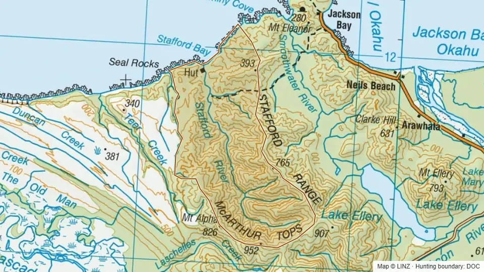Topographic map of 20 - Stafford in West Coast, New Zealand, with the DOC hunting boundary outlined.