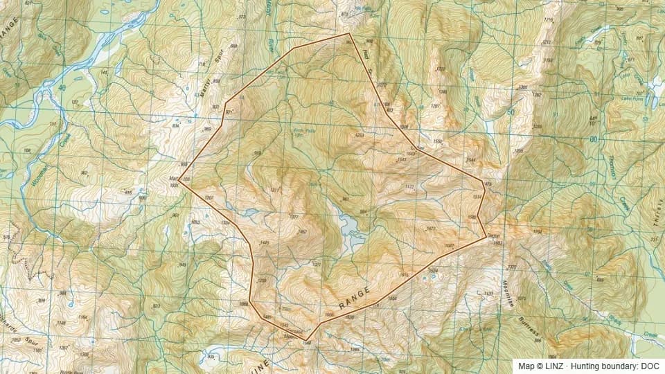 Topographic map of 21 - Martyr in West Coast, New Zealand, with the DOC hunting boundary outlined.
