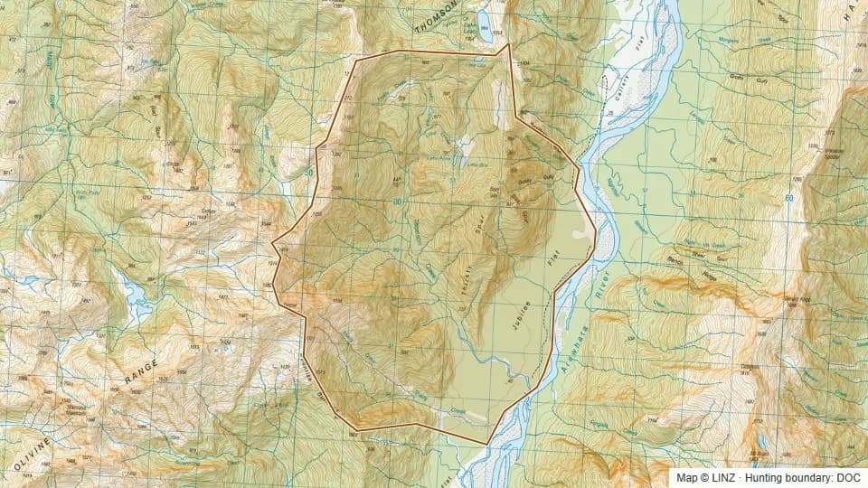 Topographic map of 22 - Thompson Creek in West Coast, New Zealand, with the DOC hunting boundary outlined.