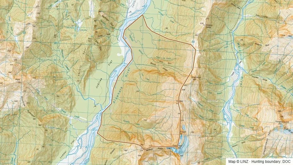 Topographic map of 23 - Nightfall Stream in West Coast, New Zealand, with the DOC hunting boundary outlined.