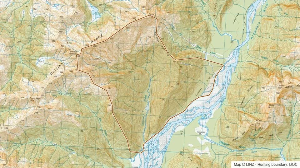 Topographic map of 25 - McIntosh Creek in West Coast, New Zealand, with the DOC hunting boundary outlined.