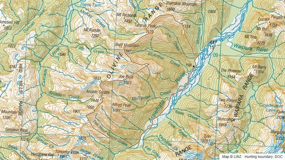 Topographic map of 26 - McArthur Creek in West Coast, New Zealand, with the DOC hunting boundary outlined.