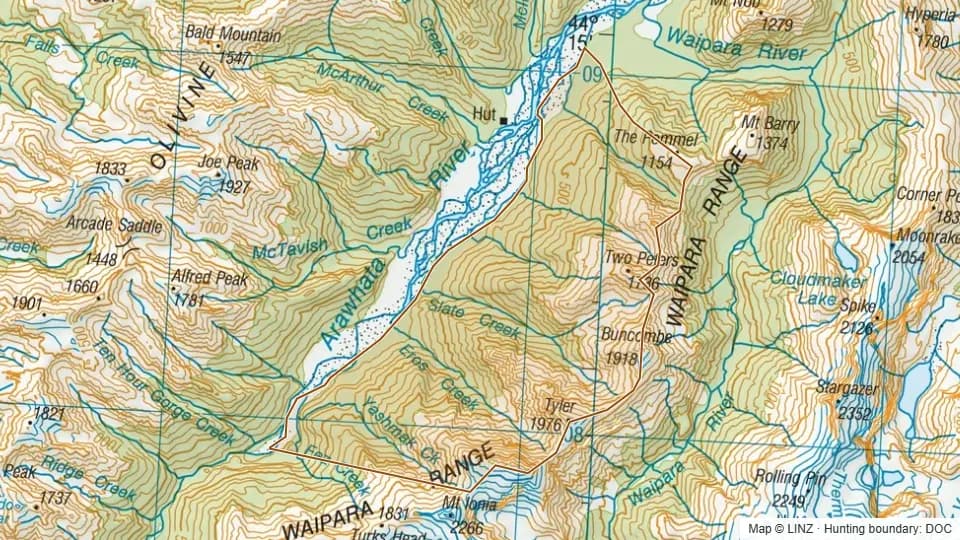 Topographic map of 27 - Snowden Creek in West Coast, New Zealand, with the DOC hunting boundary outlined.