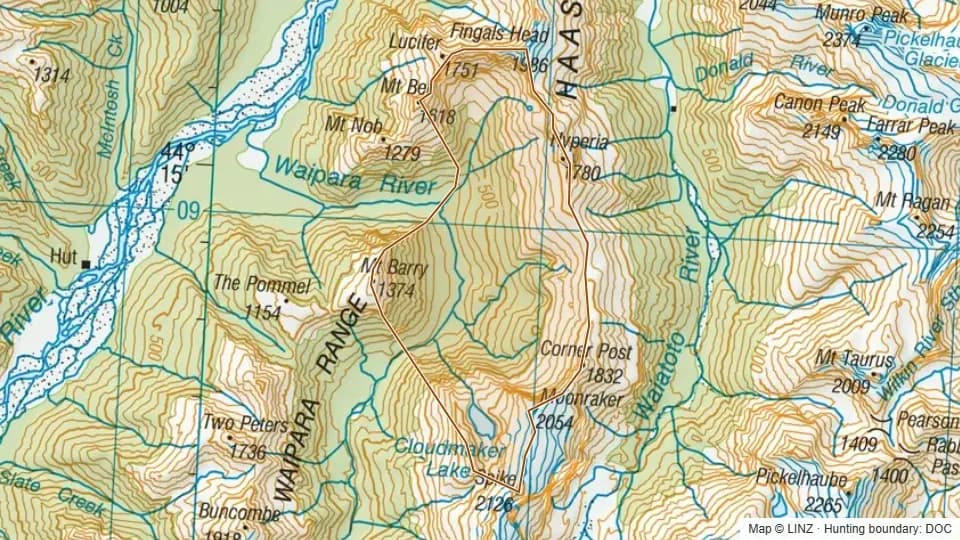 Topographic map of 32 - Haphazard Spur, Waipara in West Coast, New Zealand, with the DOC hunting boundary outlined.