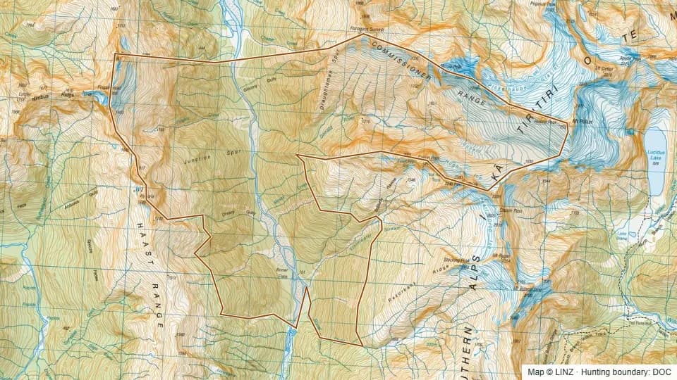 Topographic map of 34 - Donald River in West Coast, New Zealand, with the DOC hunting boundary outlined.