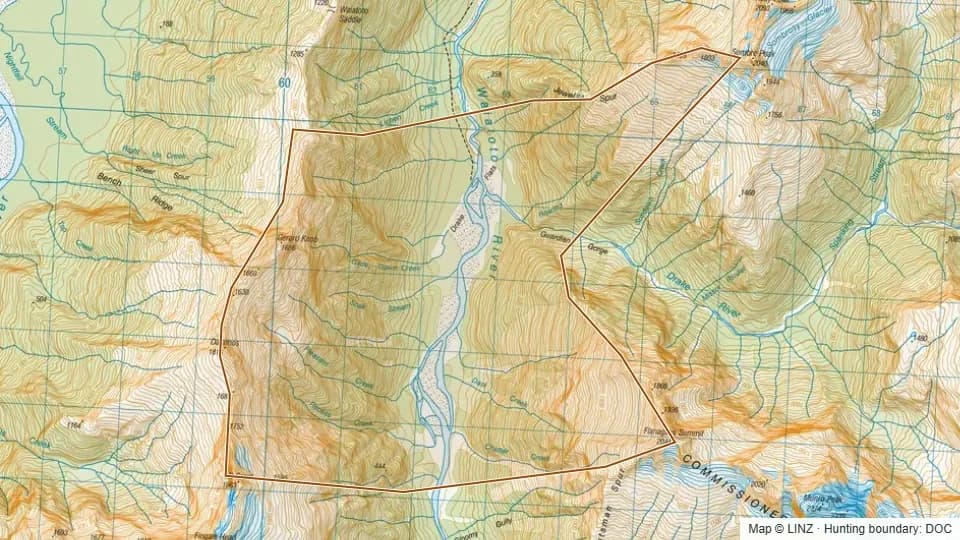 Topographic map of 35 - Drake Flats Waiatoto in West Coast, New Zealand, with the DOC hunting boundary outlined.