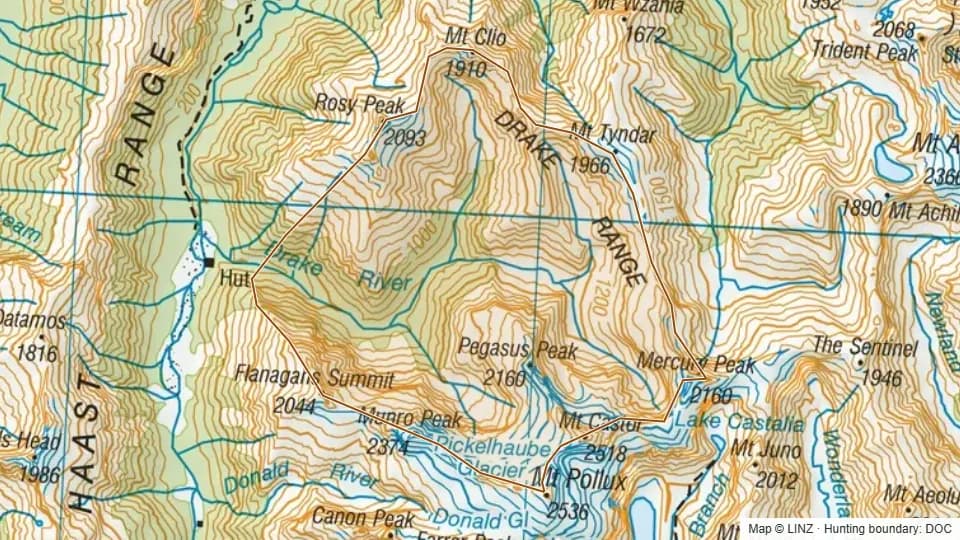 Topographic map of 36 - Drake River Waiatoto in West Coast, New Zealand, with the DOC hunting boundary outlined.
