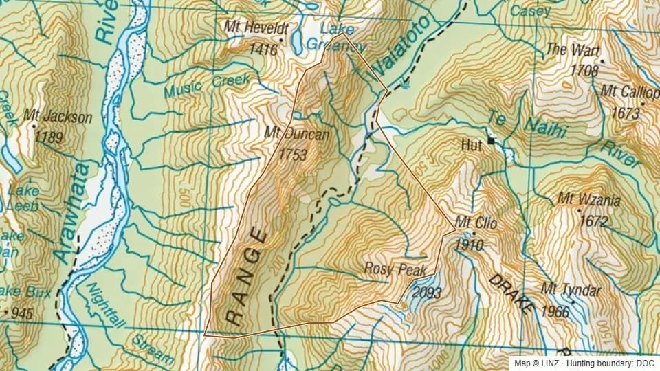 Topographic map of 37 - Charlies Ponds Waiatoto in West Coast, New Zealand, with the DOC hunting boundary outlined.