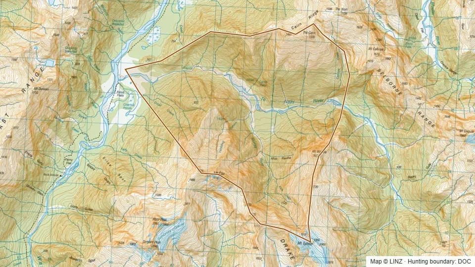 Topographic map of 38 - Lower Te Naihi River in West Coast, New Zealand, with the DOC hunting boundary outlined.