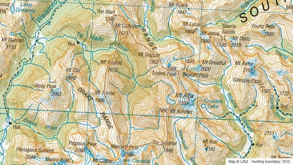Topographic map of 39 - Upper Te Naihi River in West Coast, New Zealand, with the DOC hunting boundary outlined.