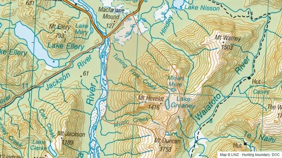 Topographic map of 40A - Tuning Fork in West Coast, New Zealand, with the DOC hunting boundary outlined.