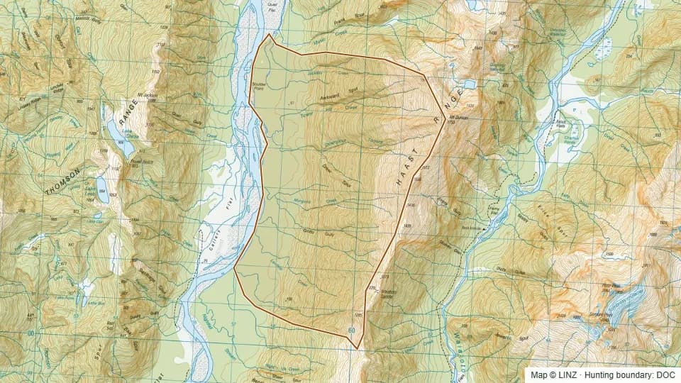 Topographic map of 40B - Drew Spur, Arawhata in West Coast, New Zealand, with the DOC hunting boundary outlined.