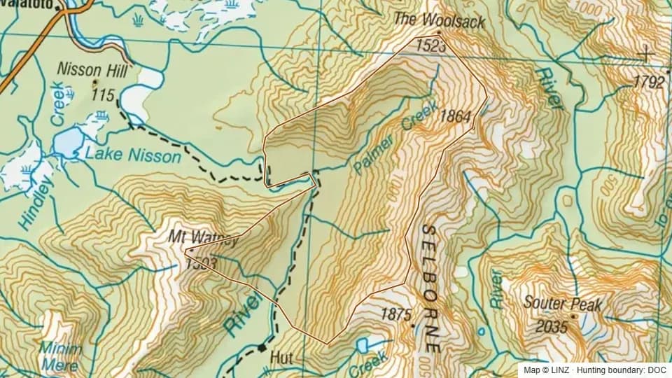 Topographic map of 41 - Palmer Creek in West Coast, New Zealand, with the DOC hunting boundary outlined.