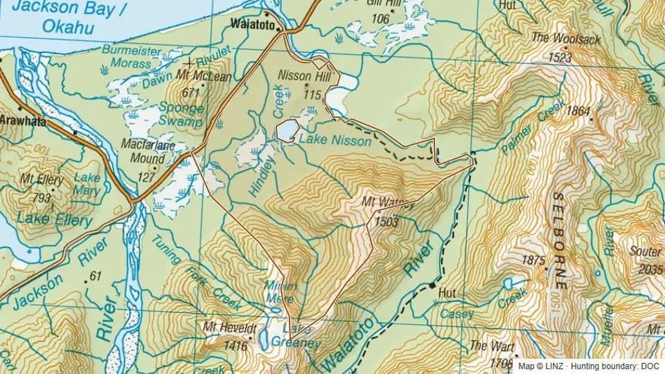 Topographic map of 41A - Hindley Creek in West Coast, New Zealand, with the DOC hunting boundary outlined.