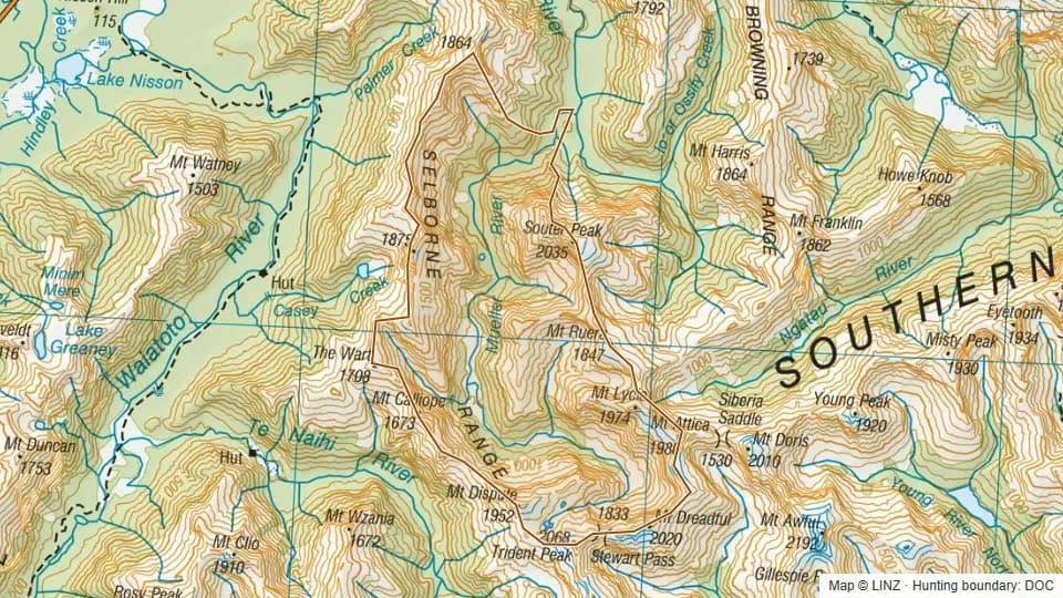 Topographic map of 42 - Mueller River in West Coast, New Zealand, with the DOC hunting boundary outlined.