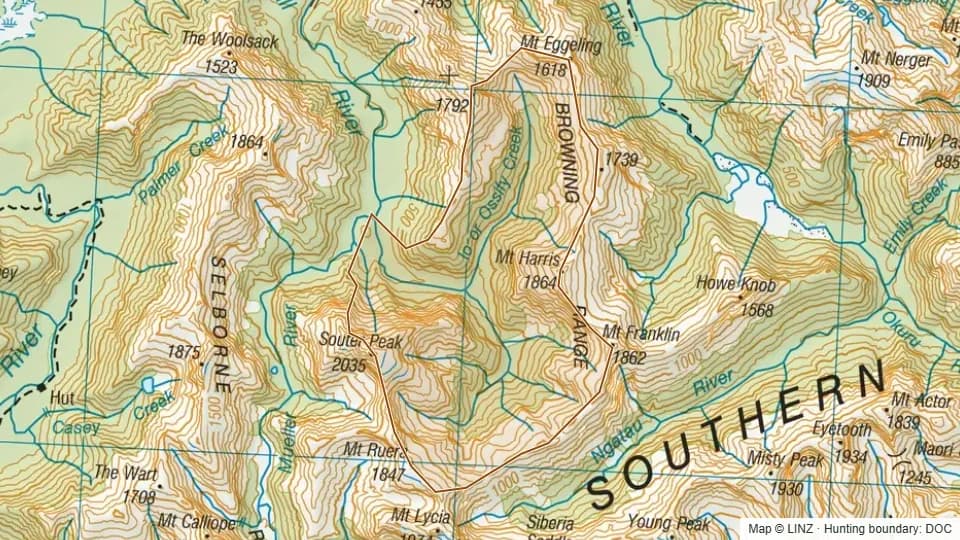 Topographic map of 43 - Upper Turnbull in West Coast, New Zealand, with the DOC hunting boundary outlined.