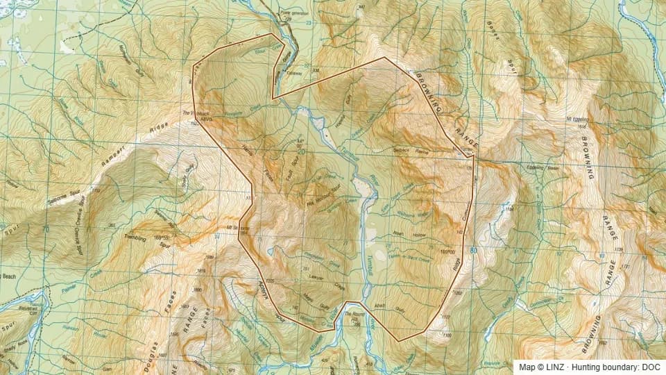 Topographic map of 44 - Lower Turnbull in West Coast, New Zealand, with the DOC hunting boundary outlined.
